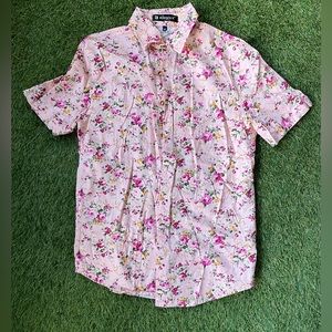 Short sleeve pink button up with floral pattern